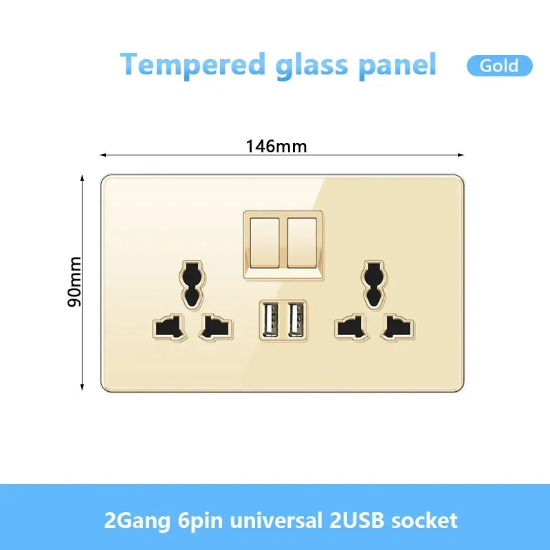 Gold UK 13A Tempered Glass USB Socket Plug,18W Type-C Fast charging Universal 3pin Dual Power Outlet,Wall 2way Light Switch