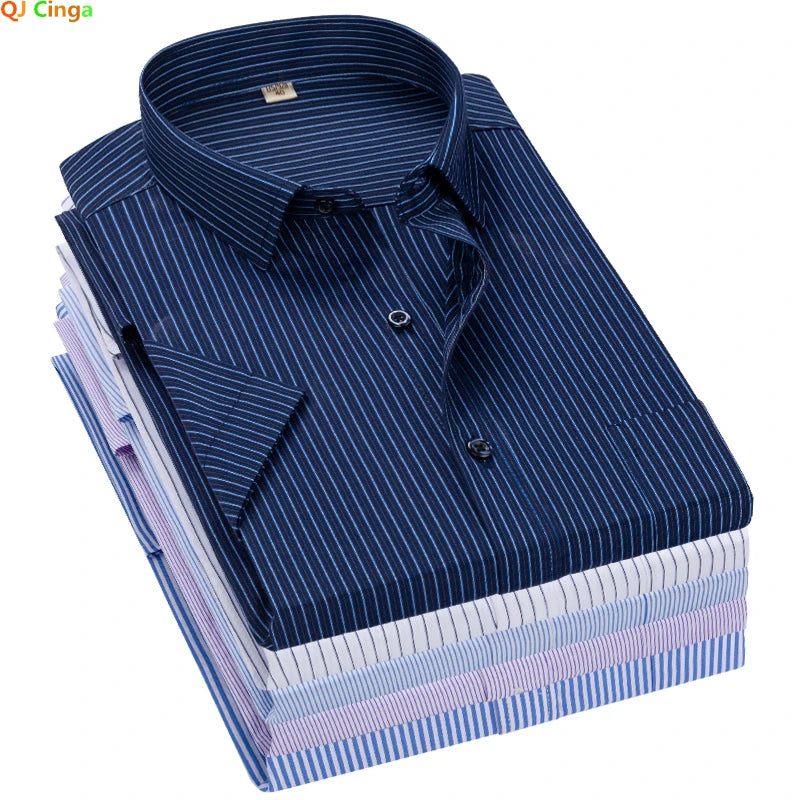 Summer Men's Vertical Striped Short-sleeved Cotton Shirt, Single-breasted Square Collar Shirts with A Pocket on The Left Chest