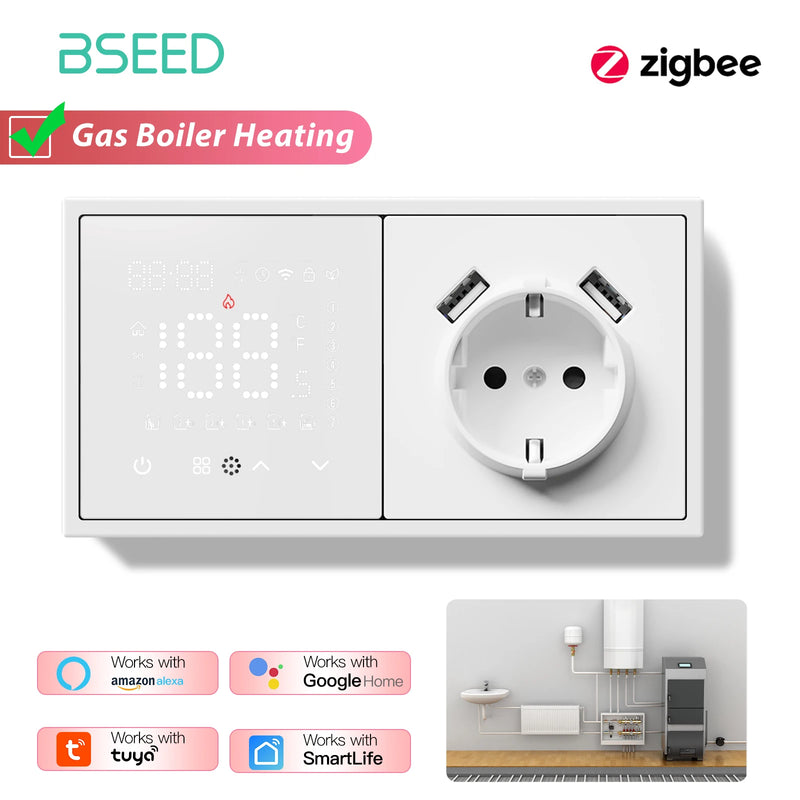 BSEED Zigbee Thermostat Smart Electric Floor Heating Water Boiler With Socket Alexa Google Temperature Controller Plastic Frame
