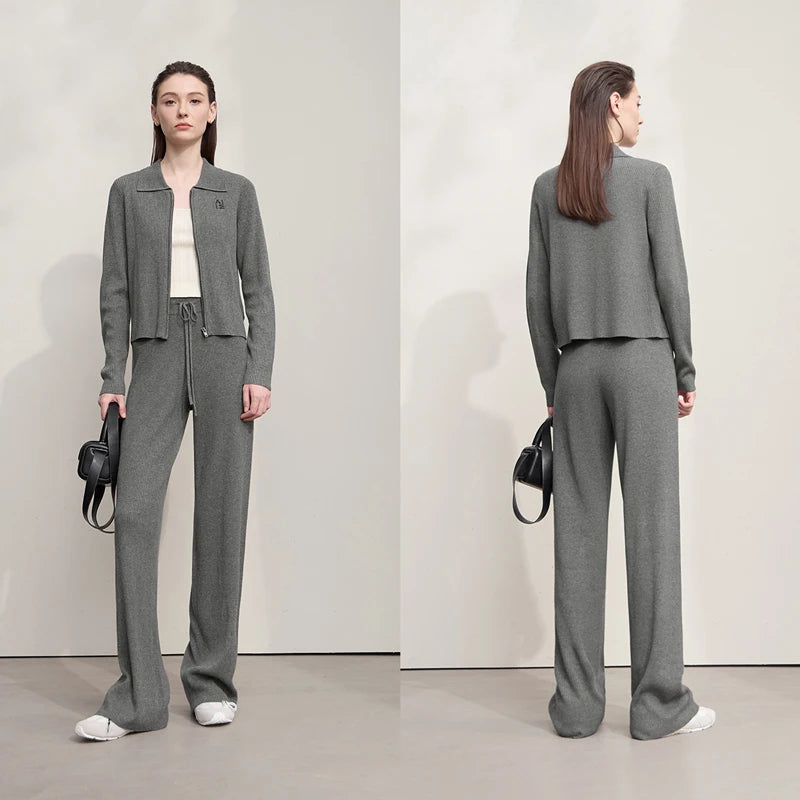 AMII Cardigan for Women 2026 Autumn New Minimalist Commuter Embroidery Versatile Slim Knitting Casual Wide-leg Trousers 12543128