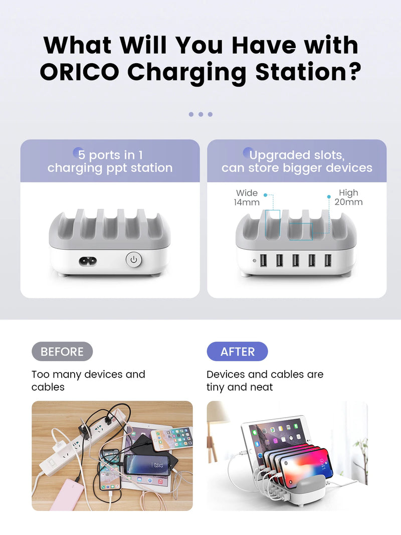 ORICO 5 Ports USB Charging Station Dock with Holder 40W 5V2.4A USB Charging Free USB Cable for iPhone PC Tablet