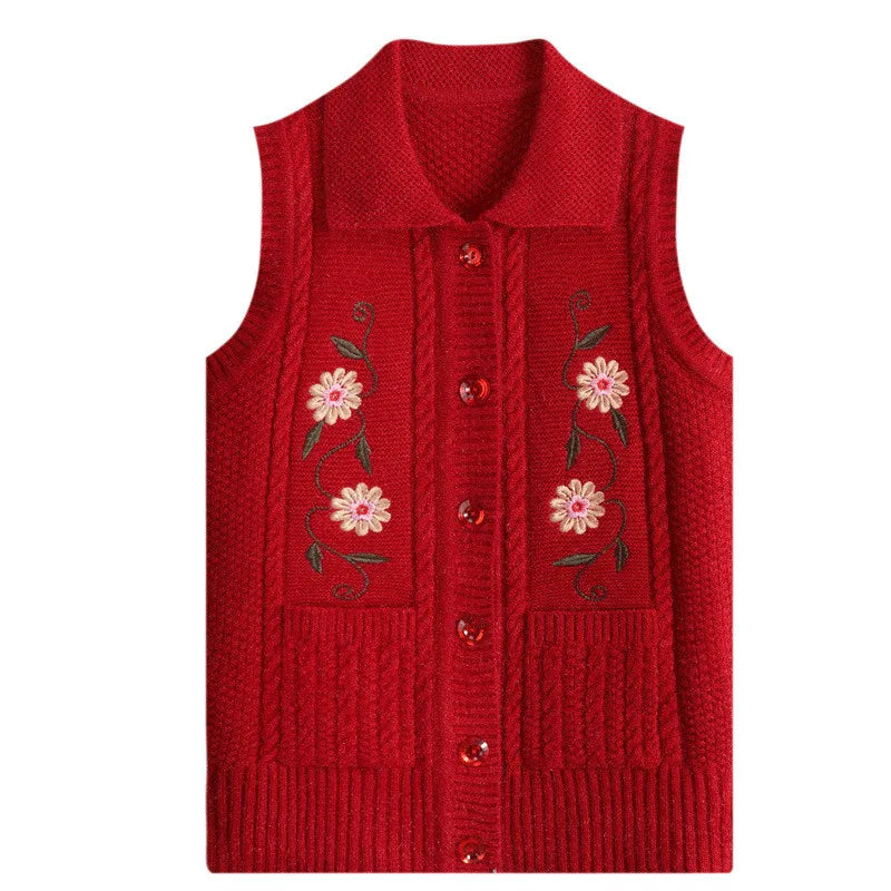XL-4XL Vests For Women Knitting Camisole Waistcoat Autumn Winter Printed Middle Aged Mother Sweater Warm Grandma Vest Jacket