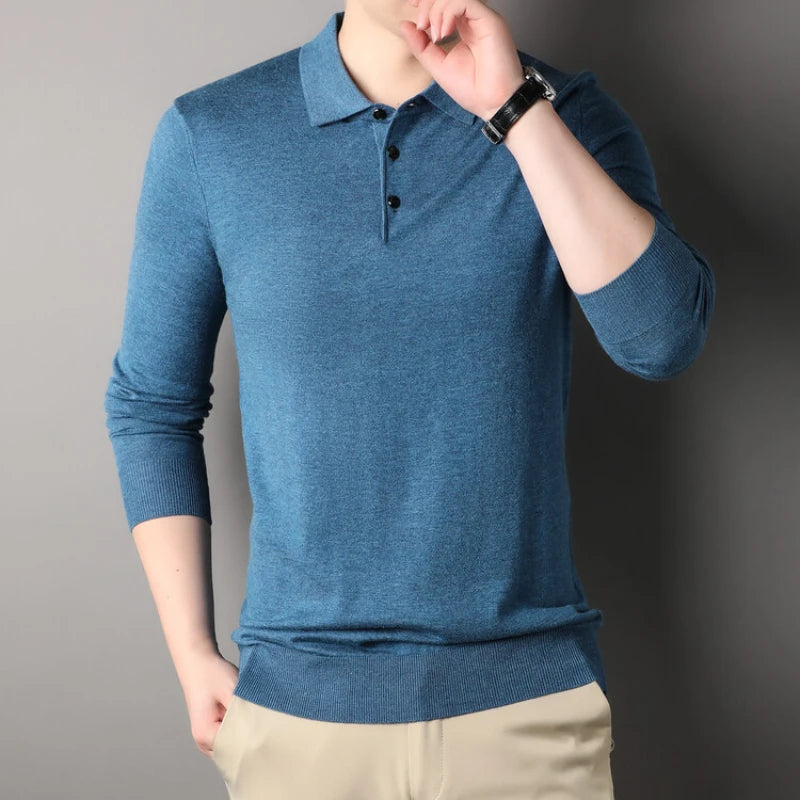 Solid Color Men's Wool Long-sleeve Shirt, Daily Autumn and Winter Warm Sweater, Business Casual Polo Shirt,Stretchable M-4XL