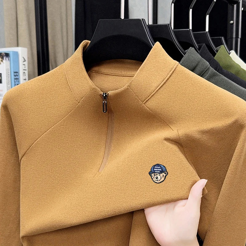 High-End Man Long-Sleeved T-Shirt Mock Neck Half-Zip Double-Faced Velvet Fleece Exquisite Embroidery Autumn Winter Leisure Tops