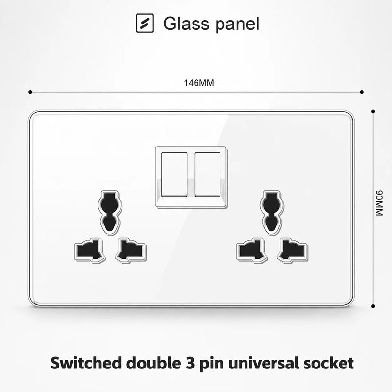 White Tempered Glass 2Way Wall Light Switch, UK Wall 18W Type-C Fast Charging USB Socket, Universal Electrical Outlet Plug 220V