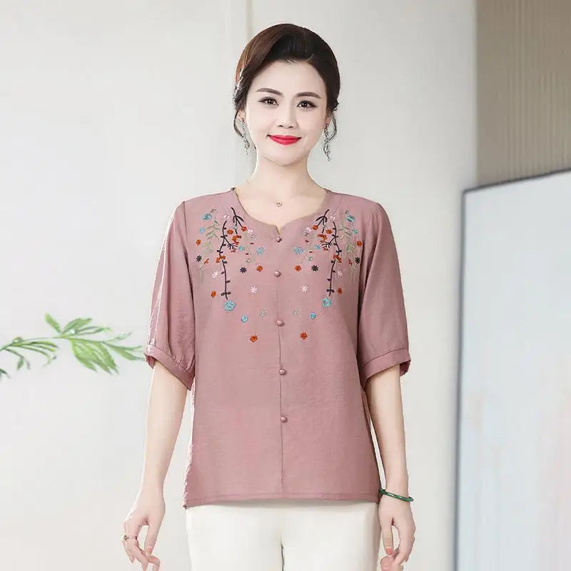 អាវកមូលដៃខ្លីសម្រាប់នារី ធ្វើពីកប្បាស និងក្រណាត់លីនីន រដូវក្តៅថ្មី បែបអក្សរសាស្ត្របែបបុរាណ រលុង ងាយស្រួលប្រើ ប៉ាក់បានច្រើនយ៉ាង កាត់បន្ថយភាពចាស់