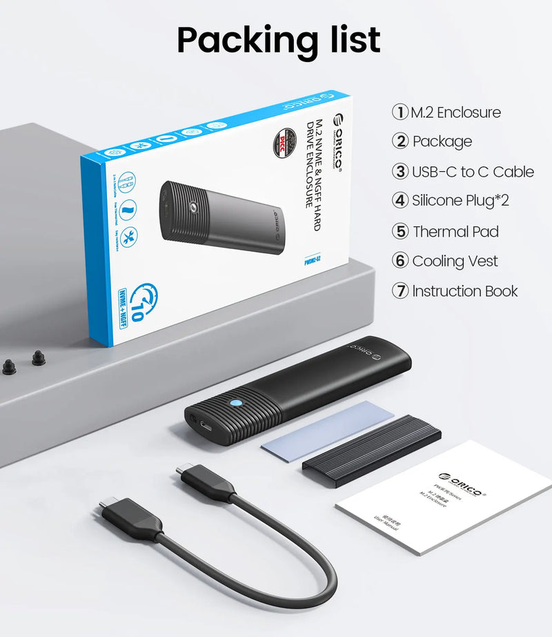 ORICO M2 NVMe SSD Enclosure 10Gbps PCIe M.2 NVMe SATA SSD Case Portable USB C 3.2Gen2 Tool Free External Adapter with Metal Heat