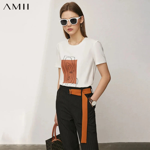 AMII Minimalism 2026 Summer New Top Women Short Sleeves Geometric Print T-shirt Cotton O Neck Black Casual Tees Female 12342527