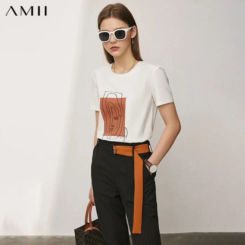 AMII Minimalism 2026 Summer New Top Women Short Sleeves Geometric Print T-shirt Cotton O Neck Black Casual Tees Female 12342527