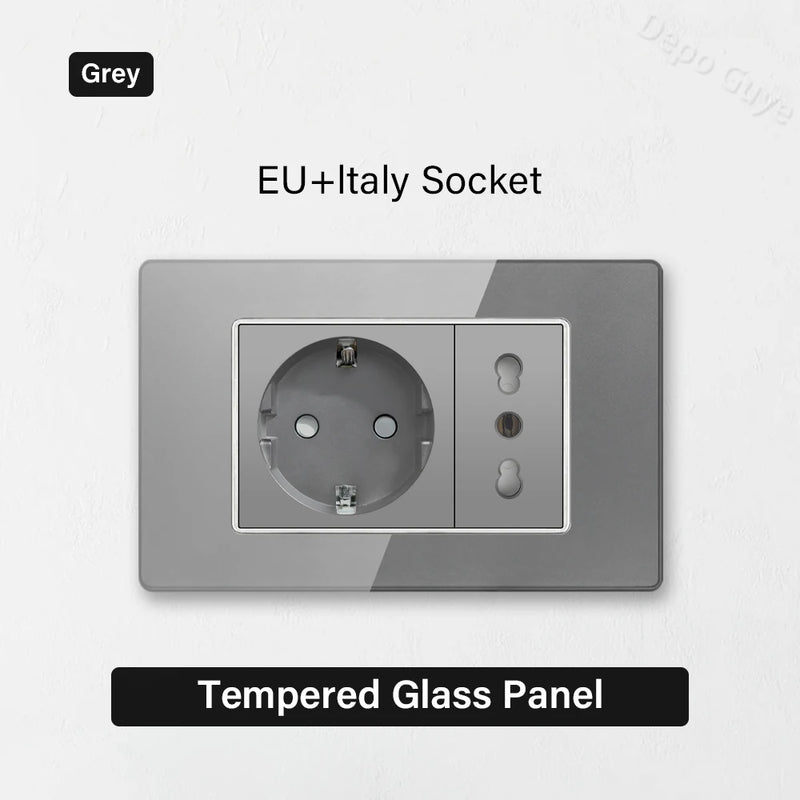 Type 118 Grey Tempered Glass Panel EU Wall Light Switch,Europe Wall Socket With USB Type-c 18W Quick Charge Outlet 118*75mm