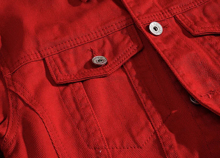 Men's Red Long-sleeve Jacket for Spring and Fall; Black Denim Coats with A Turn-down Collar, Available in Orange, White, Pink.