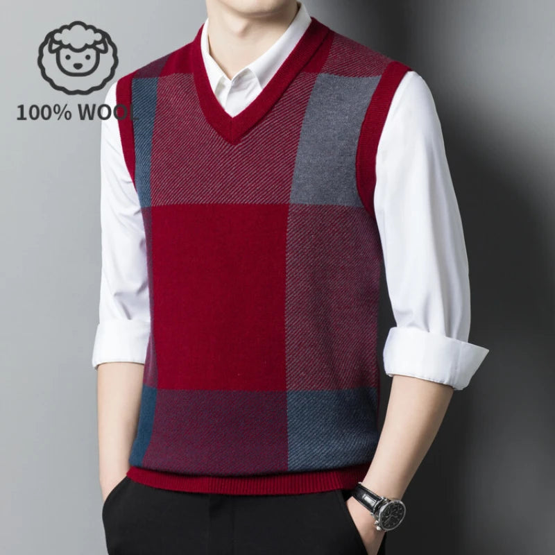 100% Wool Men's V-neck Vest, Warm for Spring and Autumn, Daily Versatile Pullover Vest.Stretchable M-4XL