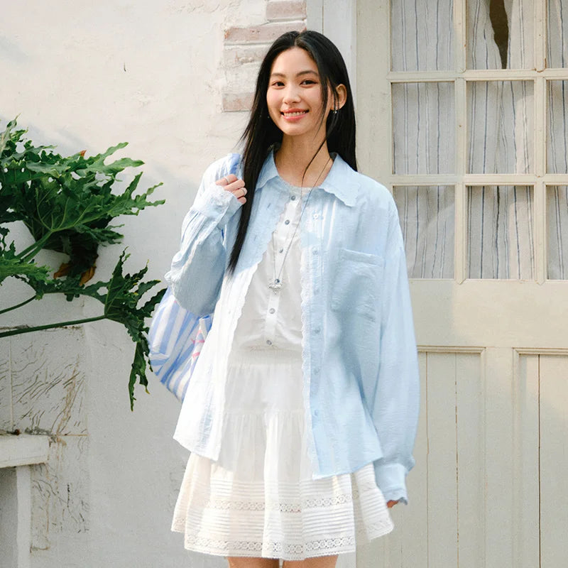 Semir Relaxed Shirt Women 2026 Spring Mid Length Linen Like Texture Oversize Lace Casual Comfortable Daily Wear Blouse