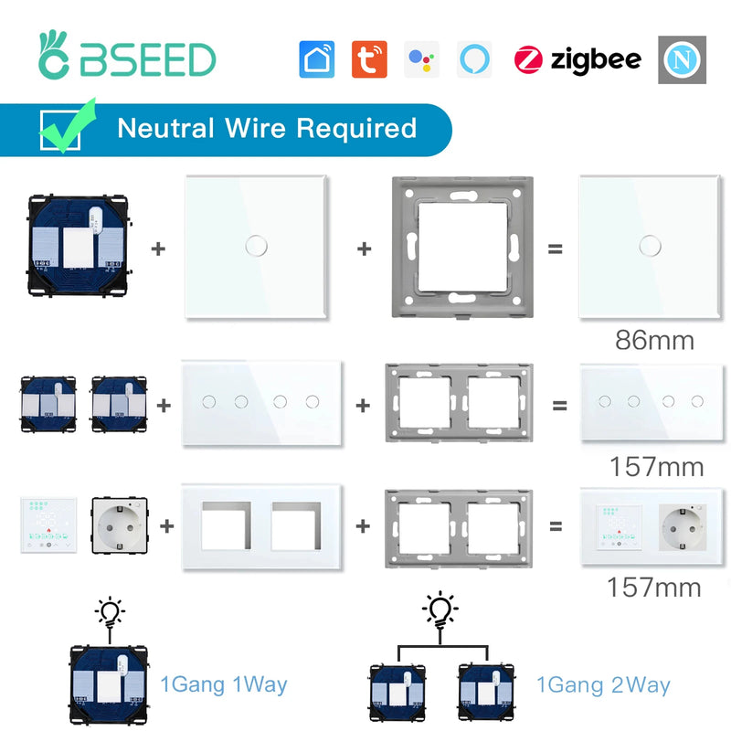 BSEED Zigbee Touch Switch Function Part Glass Panel Only Smart Dimmer Curtain Switch DIY Part Zigbee Socket Parts With Neutral