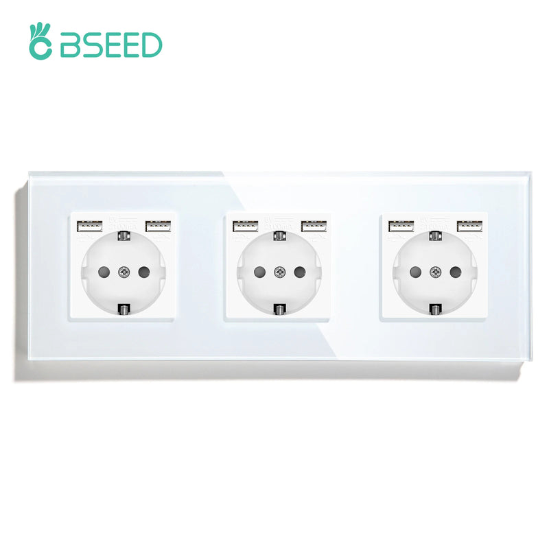 BSEED EU Wall Sockets Single Plugs Sockets Double 5V 2.1A USB Socket Phone Charge Glass Panel Power Sockets Kids Protection 16A