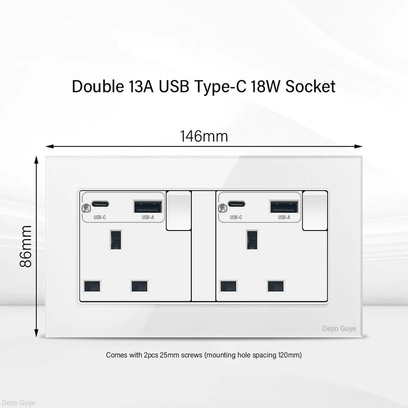 UK Standard 18W Type-C Fast Charging Universal Dual 3pin Power Outlet,White Tempered glass Wall light Switch Panel  For Home