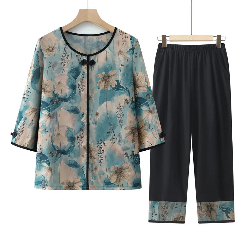 New Summer Women's Two-piece Set: A Chinese-style Mid-sleeve Blouse Paired with Elastic-waist Pants, Available in Blue,Green,Red