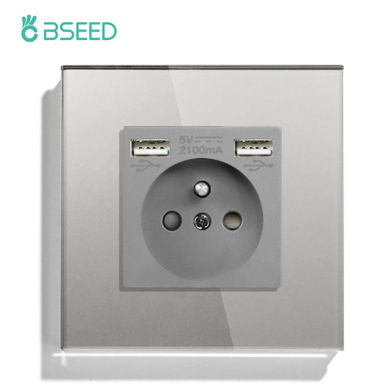 BSEED France Standard Wall Electrical Outlet USB Type-C Charge Port Glass Panel 20W Fast Charge French Socket 110-250V