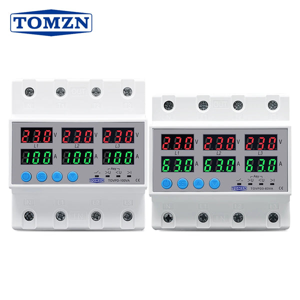TOMZN Three Phase 4 Wires 3P+N 63A 100A Adjustable Ampere Protector Self Recovery Auto Reconnect Voltage Protection Relay