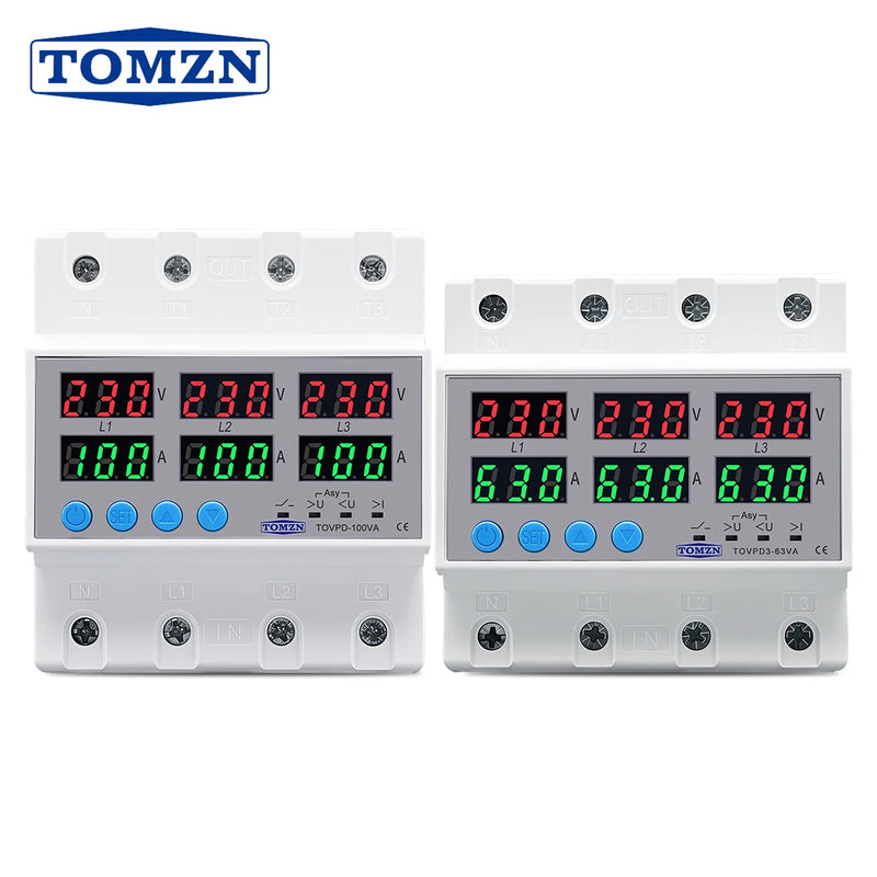 TOMZN Three Phase 4 Wires 3P+N 63A 100A Adjustable Ampere Protector Self Recovery Auto Reconnect Voltage Protection Relay