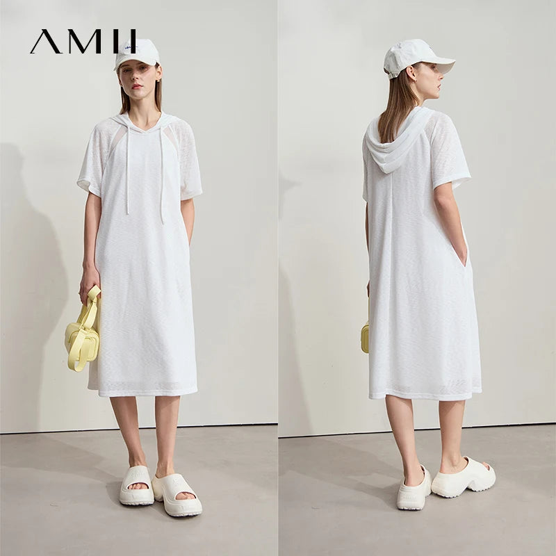 រ៉ូប Amii Minimalism សម្រាប់នារី រដូវក្តៅ ឆ្នាំ២០២៥ រ៉ូបការិយាល័យថ្មី ពណ៌សុទ្ធ ស្បៃក្រណាត់ ធម្មតា រលុង ស្រាល ស្រួលពាក់ 12542194