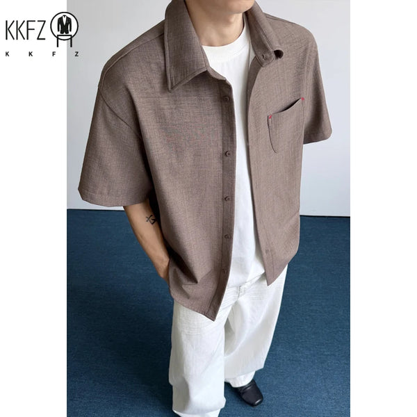 Men Loose Oversized Short Sleeve Button Shirt Lapel Collar Linen Blend Weave Chest Pocket For Summer Street Leisure