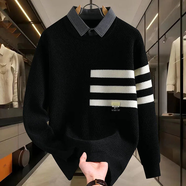 Premium Quality Man Fake Two Long Sleeved Knitted Shirts Solid Color Shirt Collar Stripes AutumnWinter Leisure Versatile Sweater