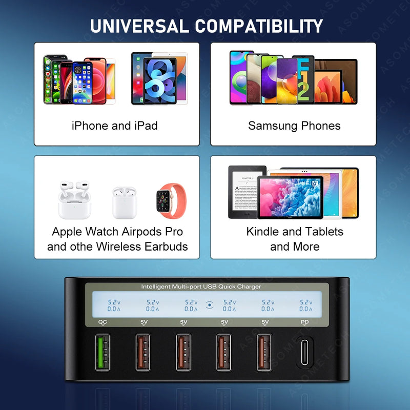 ឆ្នាំងសាក USB 6 រន្ធ សាកលឿន ឆ្នាំងសាកឥតខ្សែ អាដាប់ទ័រឆ្នាំងសាកលឿន USB C PD ឆ្នាំងសាកទូរស័ព្ទ សម្រាប់ iPhone 13 12 11 Samsung Huawei