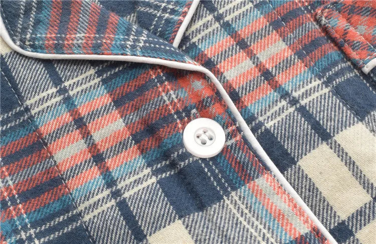 Spring Autumn Men's 100% Cotton Pajamas Suit Leisure Plaid Lapel Long Sleeve Home Clothes Women Sleepwear Set Pijamas De Mujer