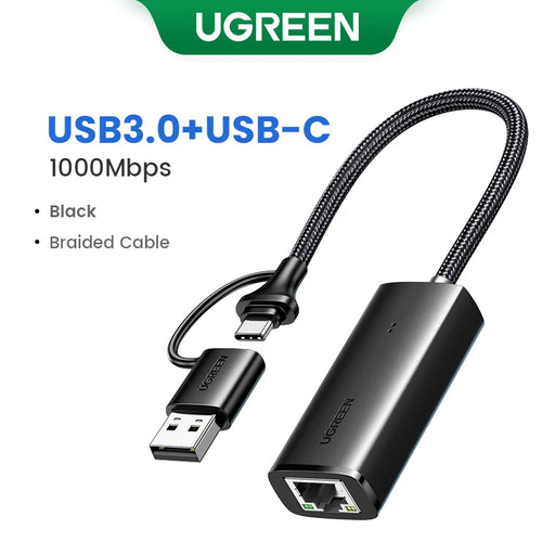 UGREEN USB C Ethernet Adapter 1000/100Mbps USB Lan RJ45 Thunderbolt 3 for Laptop Macbook Samsung iPad USB Ethernet Network Card 2-IN-1 Model CHINA