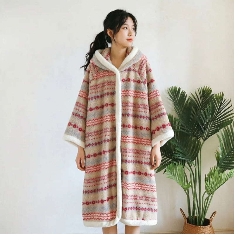 Retro Print Winter Hooded Homewear Thickened Warm Woman Clothing Long Sleeve Robe for Ladies' Bathrobe Sleepwear Dressing Gown