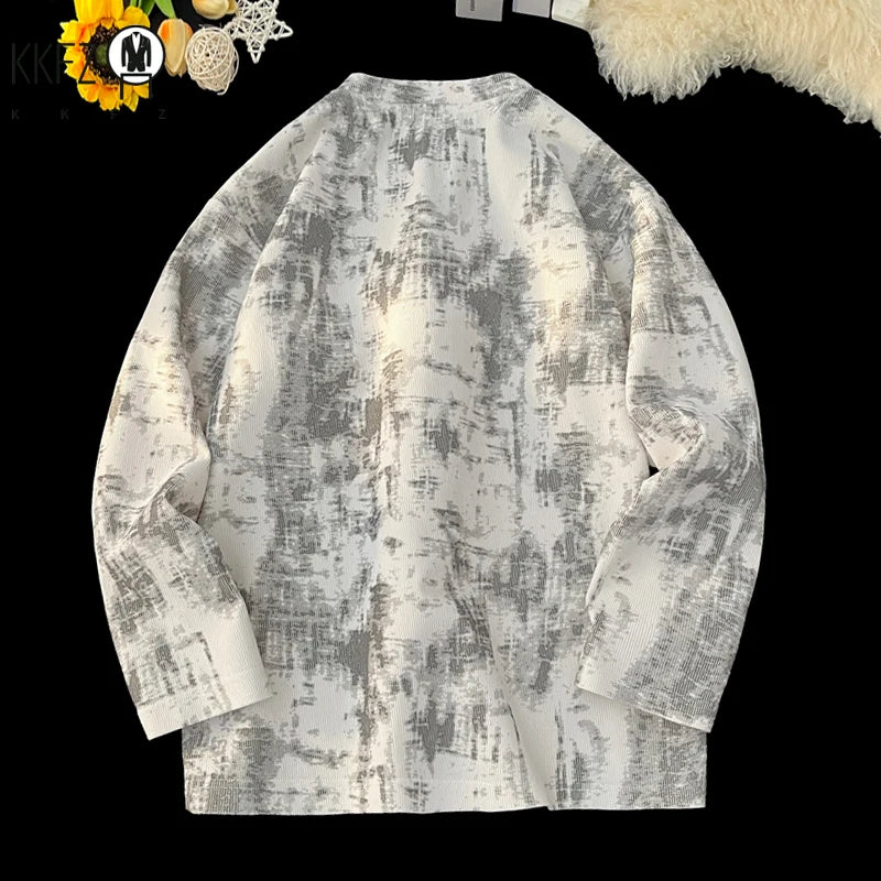 Male Streetwear Gradient Dye Long Sleeve Top Crew Neck Ink Splash Print Oversized Fit For Various Autumn Daily Occasions
