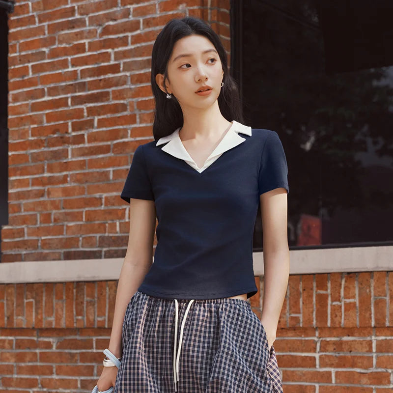 Semir Womens Polo 2026 Short Style Cool Feeling Color Block Lapel Slim Commute Style Casual