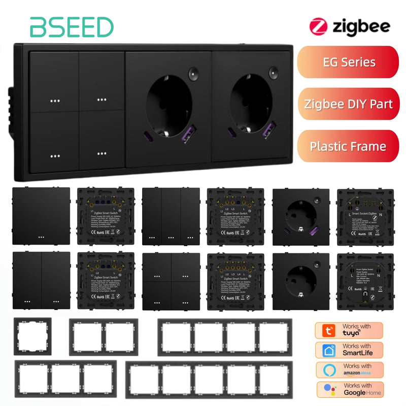 BSEED Zigbee Button Switch 1/2/3/4Gang Switch Module Smart Light Switch DIY Part Plastic Frame Smart Socket Part Tuya Smart Life