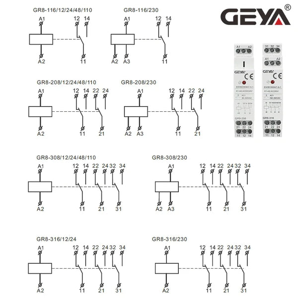 រេឡេប្តូរប្រភេទ GEYA Din Rail GR8 AC DC 12V 24V 230V រេឡេកម្រិតមធ្យម រេឡេជំនួយ 8A 16A ទទួលស្គាល់ដោយ ROHS