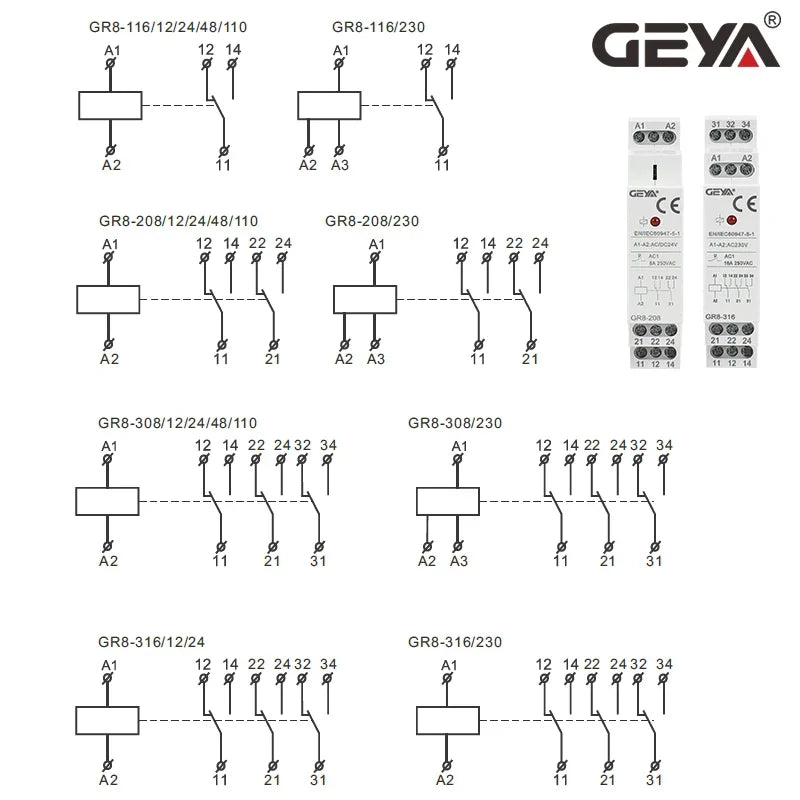 GEYA Din Rail Type GR8 AC DC 12V 24V 230V Switch Relay Intermediate Relay Auxiliary Relay 8A 16A ROHS Approved