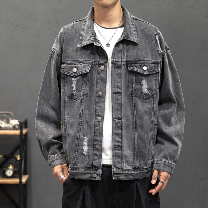2026 New Men's Blue Denim Jacket, Single Breasted Lapel Casual Coat, Washed Hole Decoration Top,Black,Gray Jackets,Asian Size