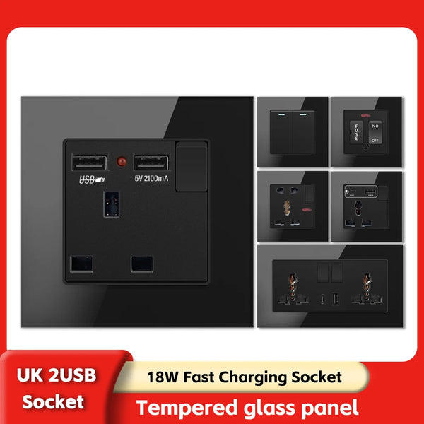 UK Black USB Type-C 18W Fast Charging Socket Universal Tempered Glass Double 5-pin Power Plug,Home Electrical Wall Light Switch