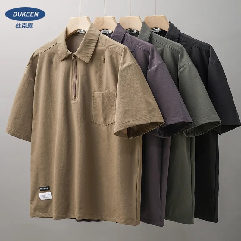 Dukeen Workwear Polo Shirt Men Short-Sleeved T-Shirt Summer Vintage Pocket Golf Shirt Quick-Drying Ice Silk Men's Clothing