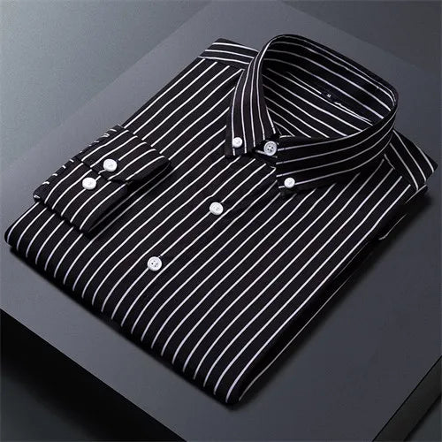 Black Striped Long Sleeve Shirt, Men's Single Breasted Shirts, with Square Collar Yellow Brown Camisas Para Hombre M-5XL