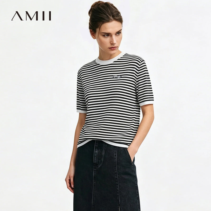 Amii Short Sleeve Knit Top 2026 Summer New O-Neck Women's Color Block Stripe Sweater Loose Casual Pullover For Woman 12642075