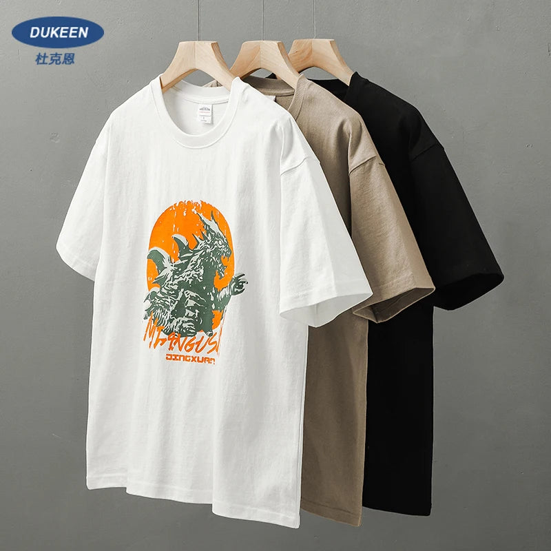 Dukeen 320g Heavyweight Short Sleeved T Shirt Men Summer Monster Printing Half Sleeve Oversized Cotton Casual Mens Tops