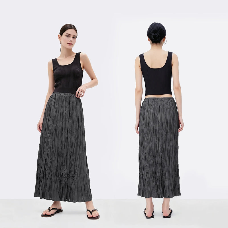 Amii Pleated Women's Skirt 2026 Summer New Elastic Waist Flowy A-Line Midi Skirt Casual Versatile Women's Clothing 12622123