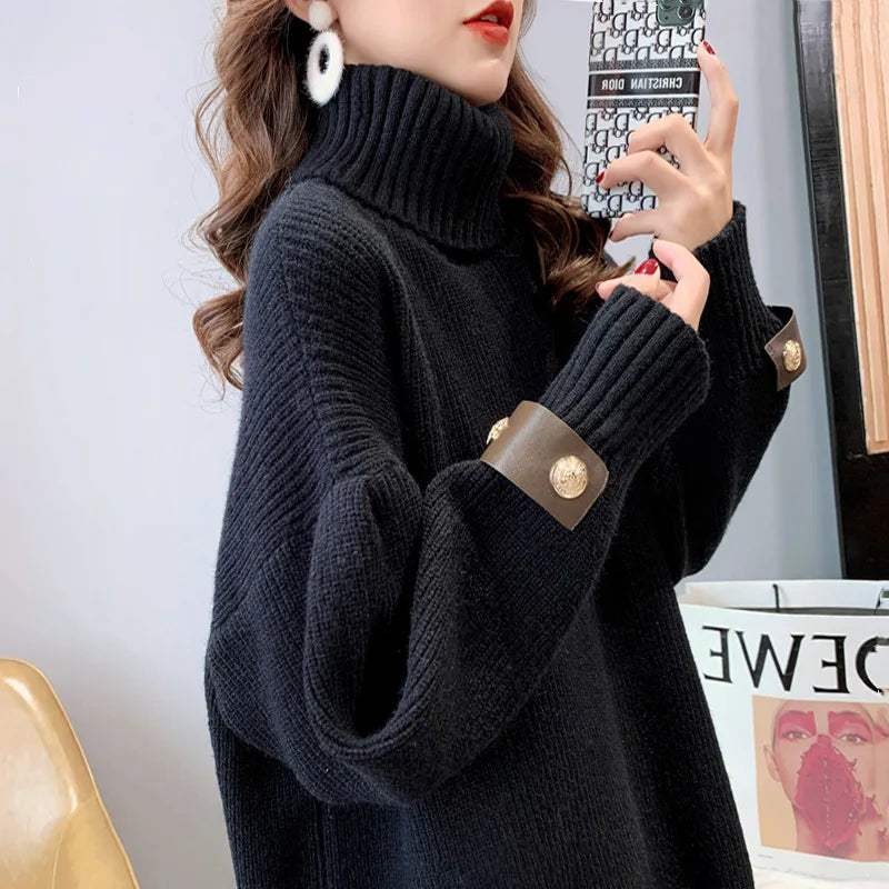 Sweater Women's Korean Medium Long Top Autumn Winter Turtleneck Warm Pullover Shirt Long Sleeve Knitwear Jumper Female Sueter
