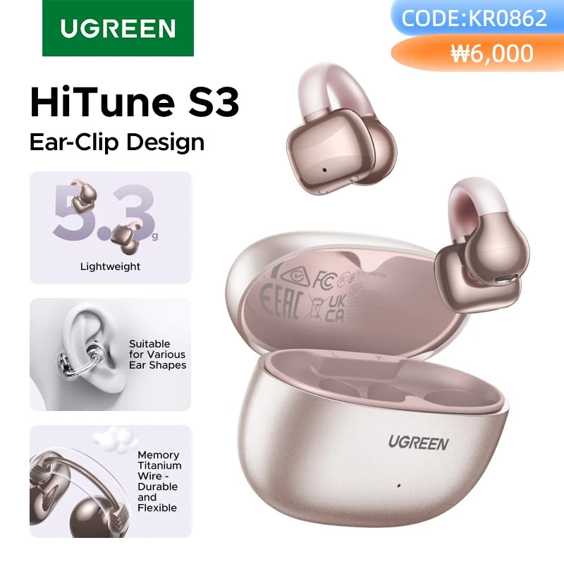 UGREEN Open Ear Clip Wireless Earbuds Bluetooth Sports Earphones Headphones in Mic with Earhooks & Ear Hook