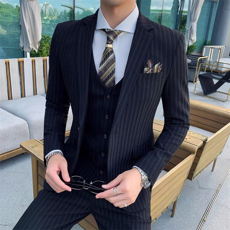 2026 Men Black Classic Striped/Checked Suits, Men's Business Office 3-Piece, Asian Size Slim Fit Sets, Blue/Gray Available