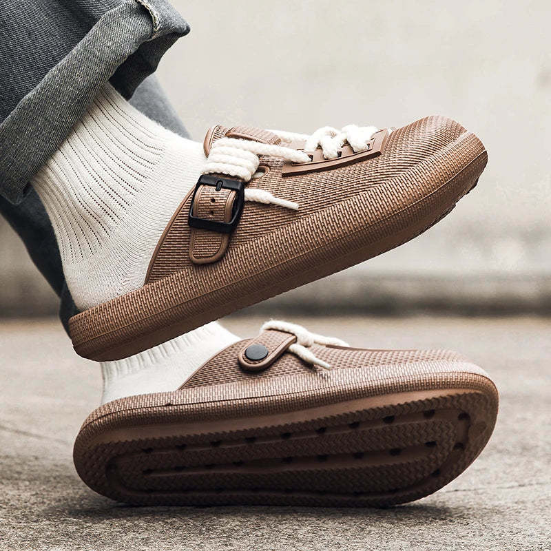 Men's breathable slip on casual slippers summer soft-sole anti-slip outdoor walking slippers fashion youth sports semi-slippers