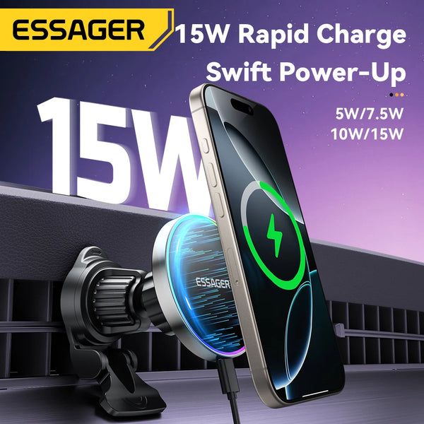 Essager RGB Magnetic Car Phone Holder Qi 15W Wireless Charger For IPhone17 16 15 14 Pro for Magsafe Universal Phone Holder Stand