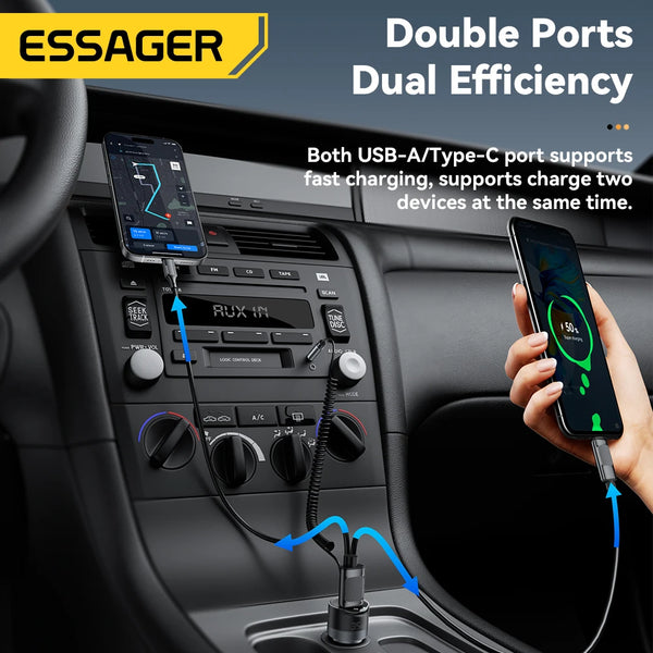 Essager Bluetooth 5.3 Car Charger 3.5mm AUX Adapter PD35W QC30W Car Fast Charger for iPhone 16 15 Pro Huawei Xiaomi Samsung iPad