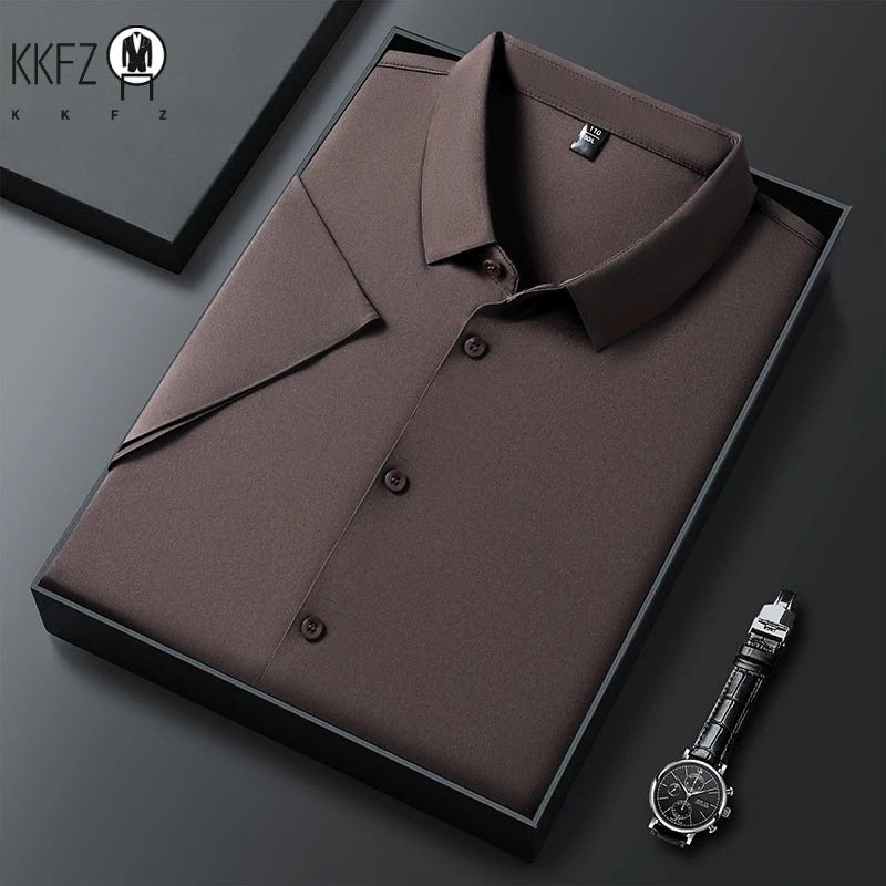 New Men's Business Casual Solid Color Short Sleeved Shirt for Summer Fashion No Ironing Comfortable and Versatile Top